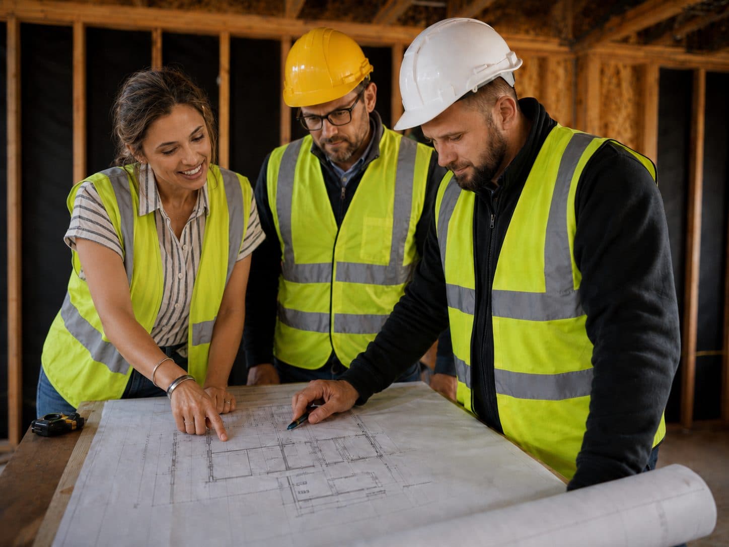 Construction team reviewing project drawings on site